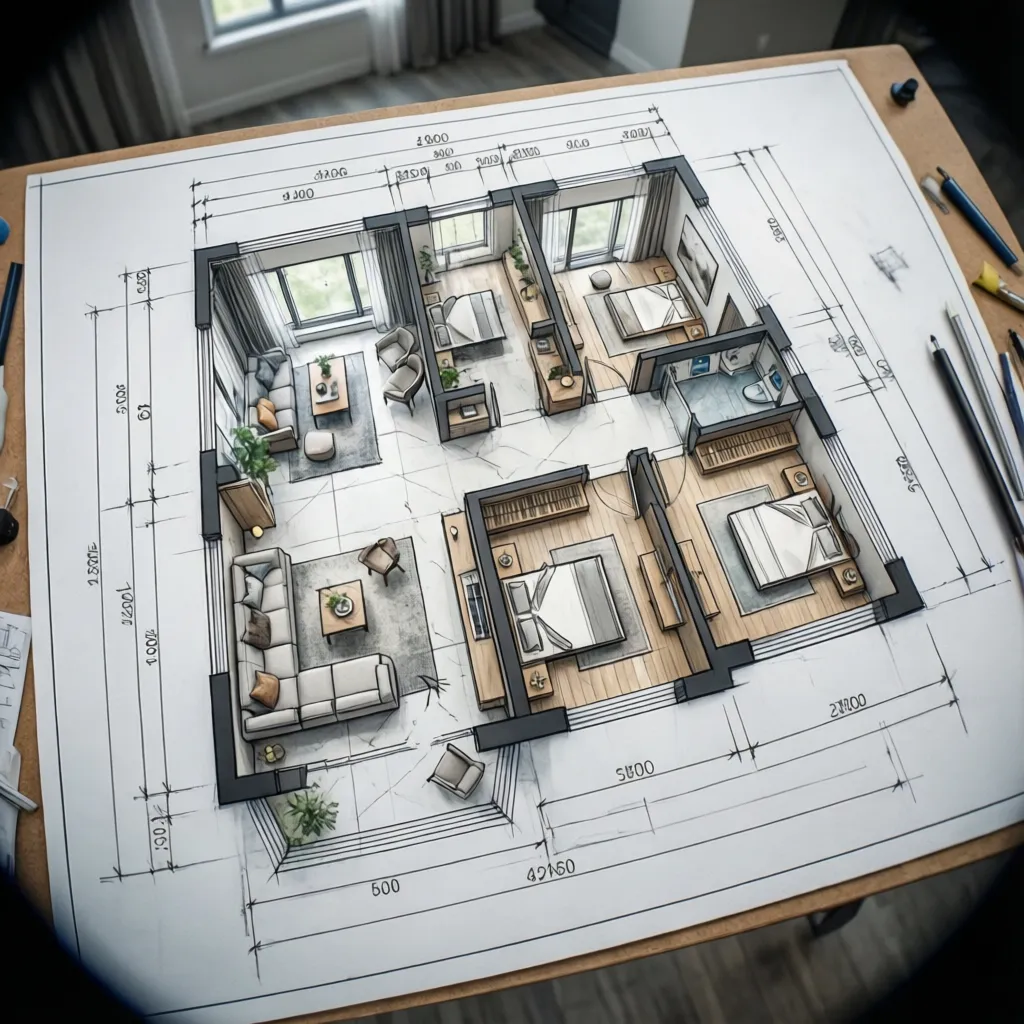 Plano de habitación con medidas de circulación y distribución de muebles