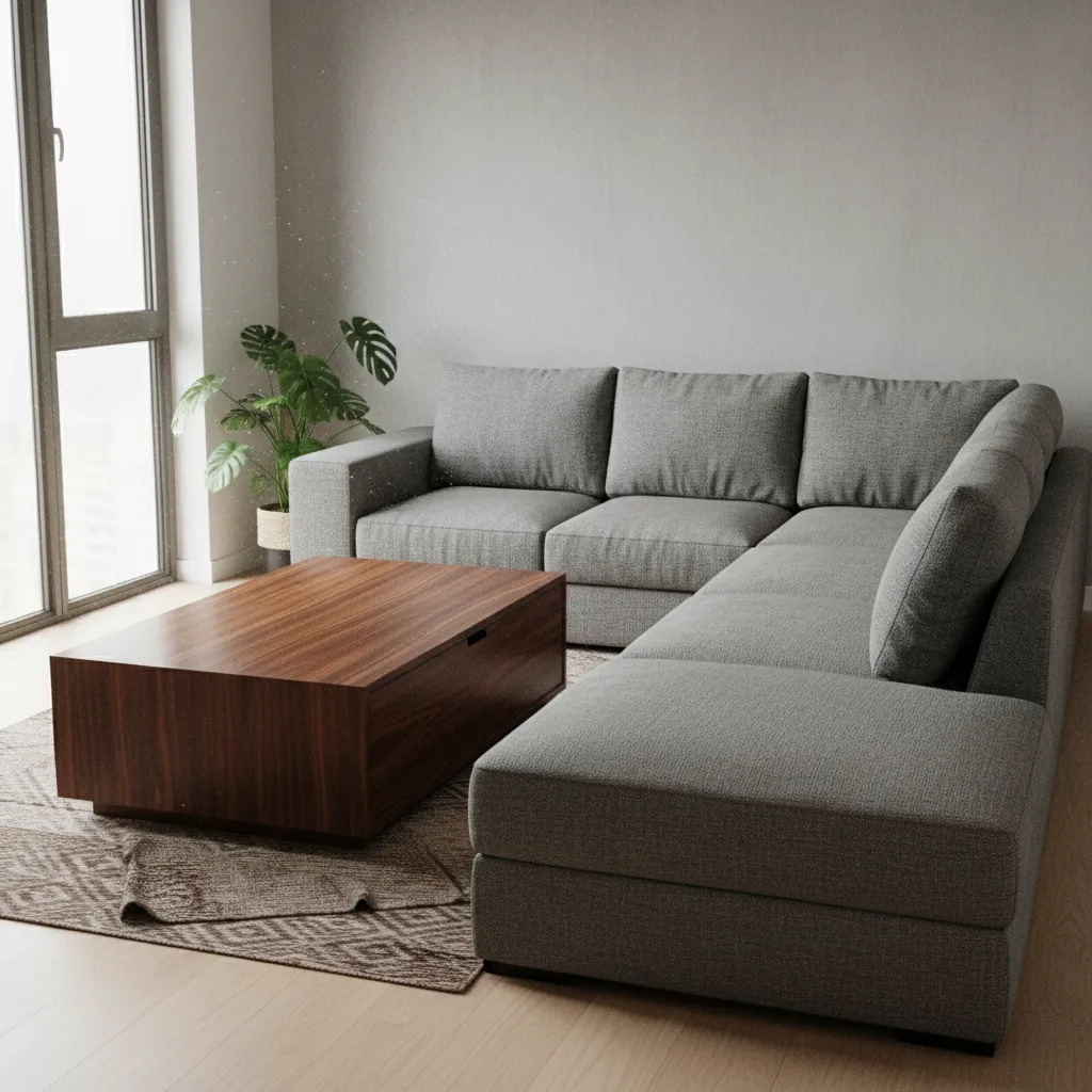 Grey sofa with wooden coffee table green plant and rug by window in living room