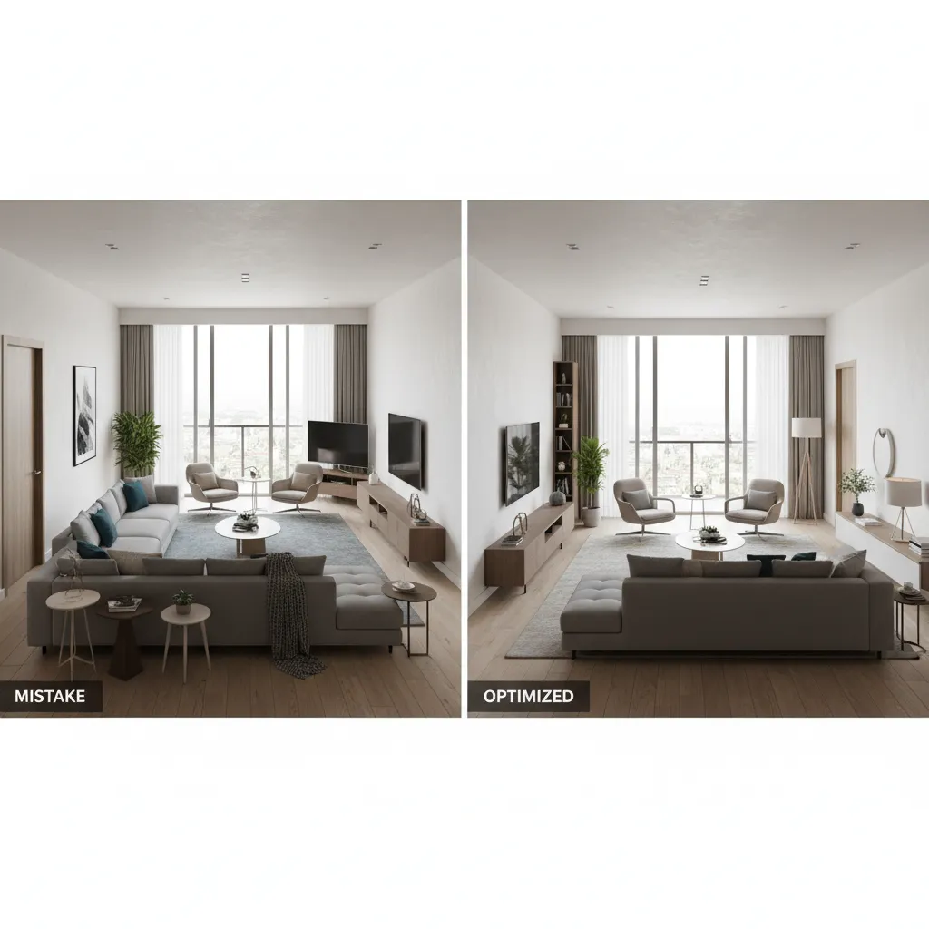 Comparación visual de una mala distribución de muebles frente a una distribución correcta