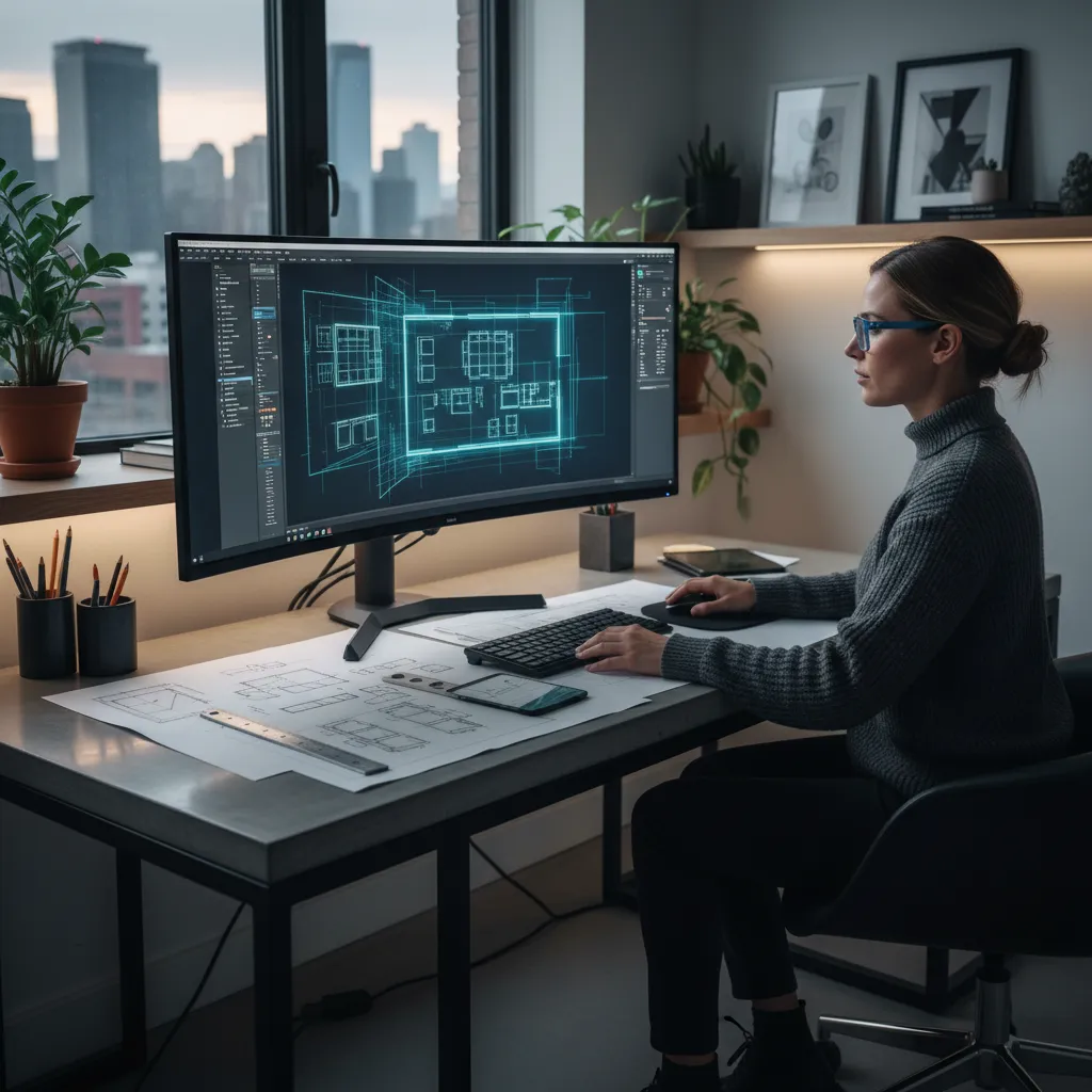 Diseñador trabajando en distribución de espacios en plano digital