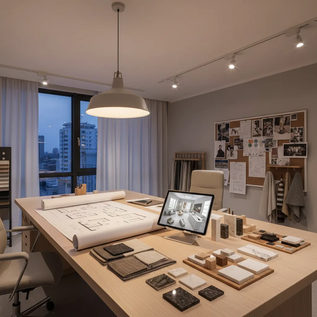 Proceso de planificación de distribución interior con planos y tablet