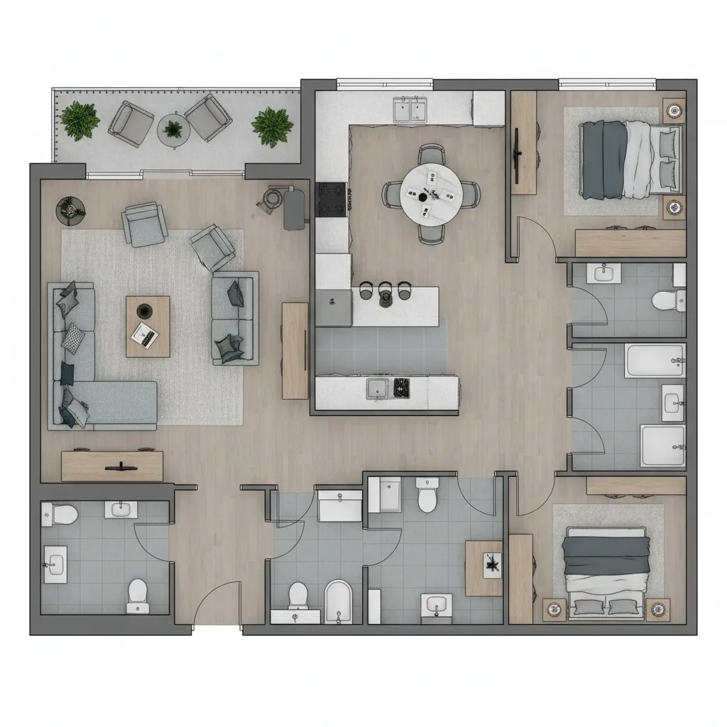 Plano de distribución de un apartamento con muebles y zonas funcionales