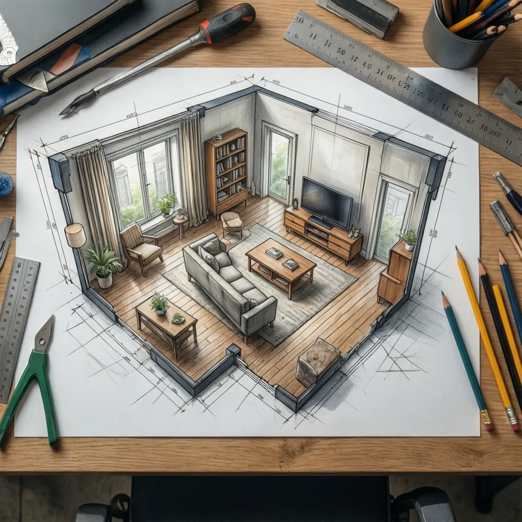 Plano de distribución de una sala con muebles dibujados y herramientas de diseño