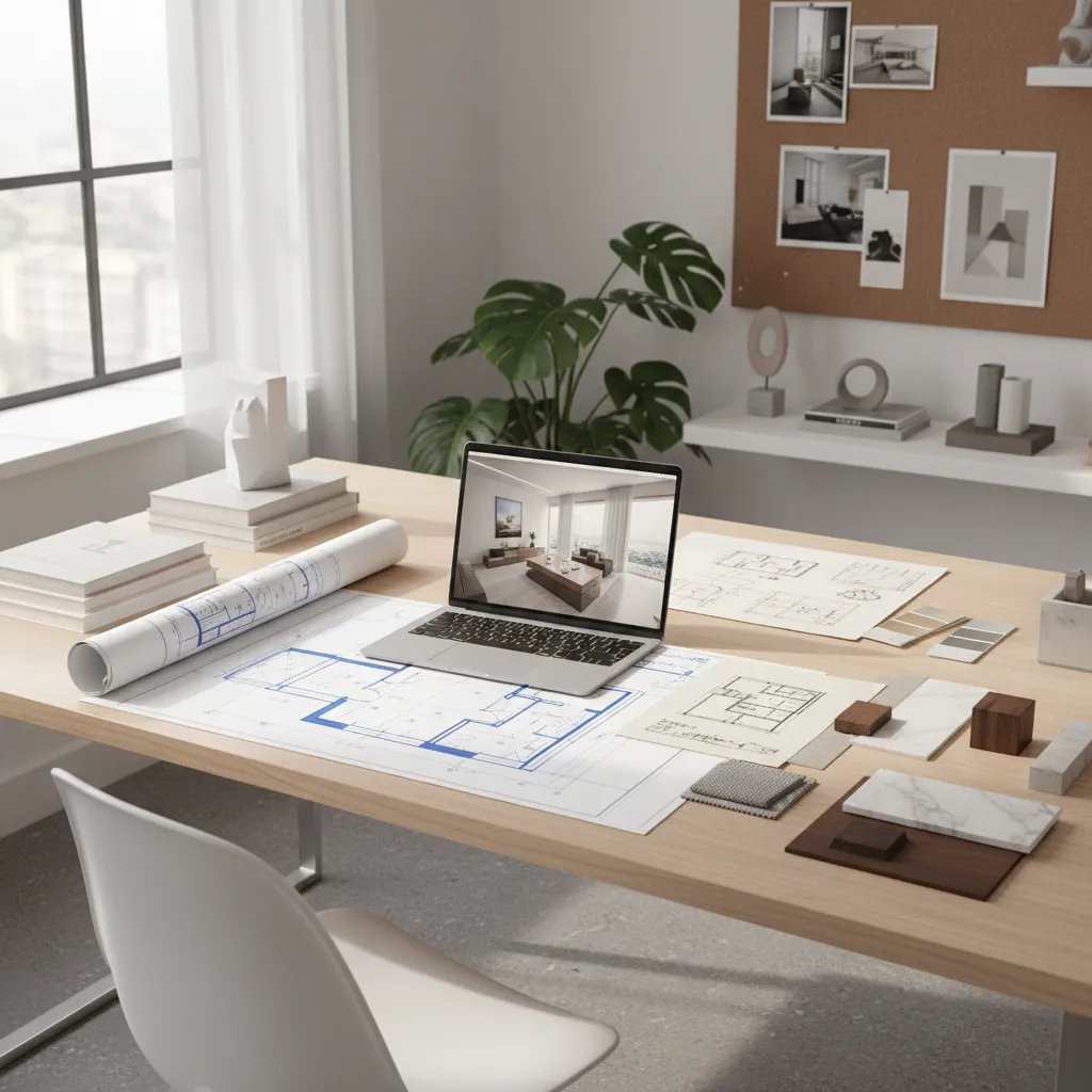 Interior designer planning apartment layout with furniture arrangement