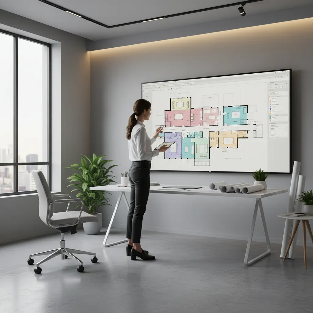Interior designer planning a room layout with digital floor plan software