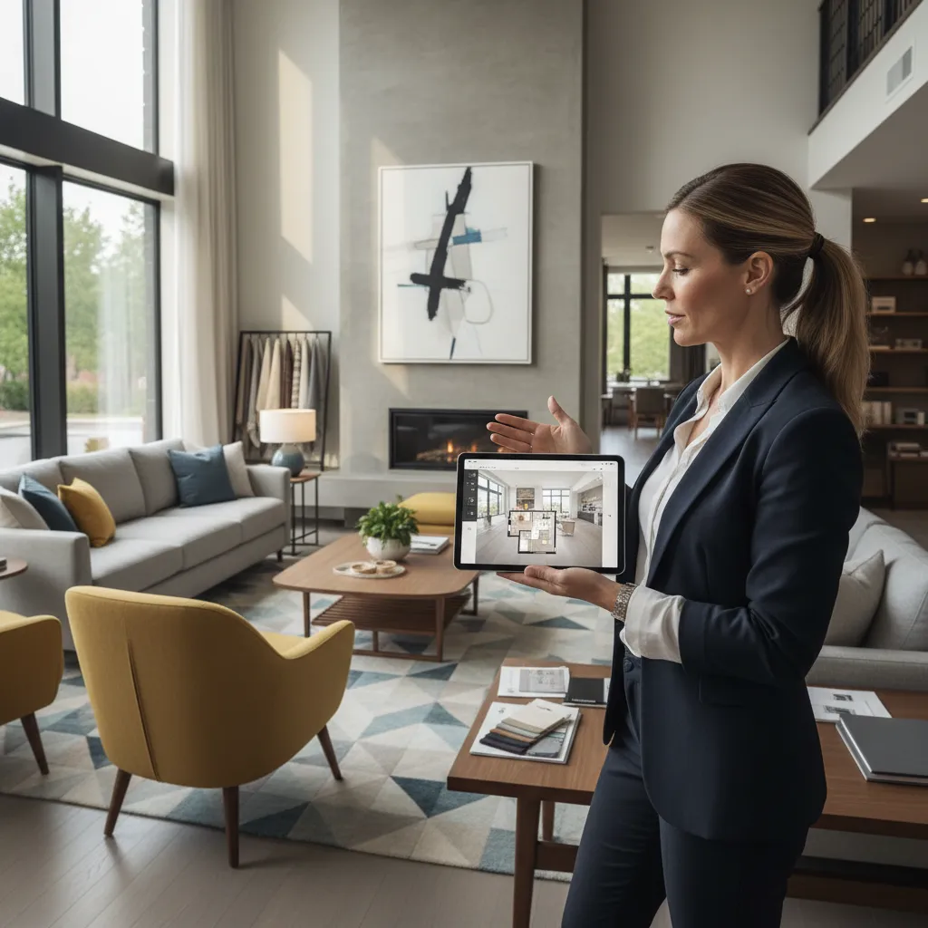 Interior designer reviewing digital home layout plan on tablet