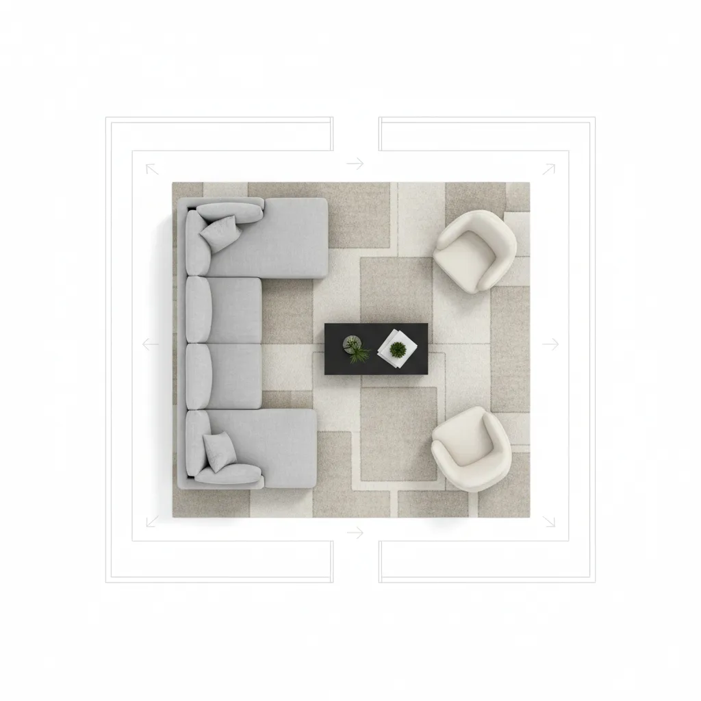 Top view furniture layout planning for a living room interior