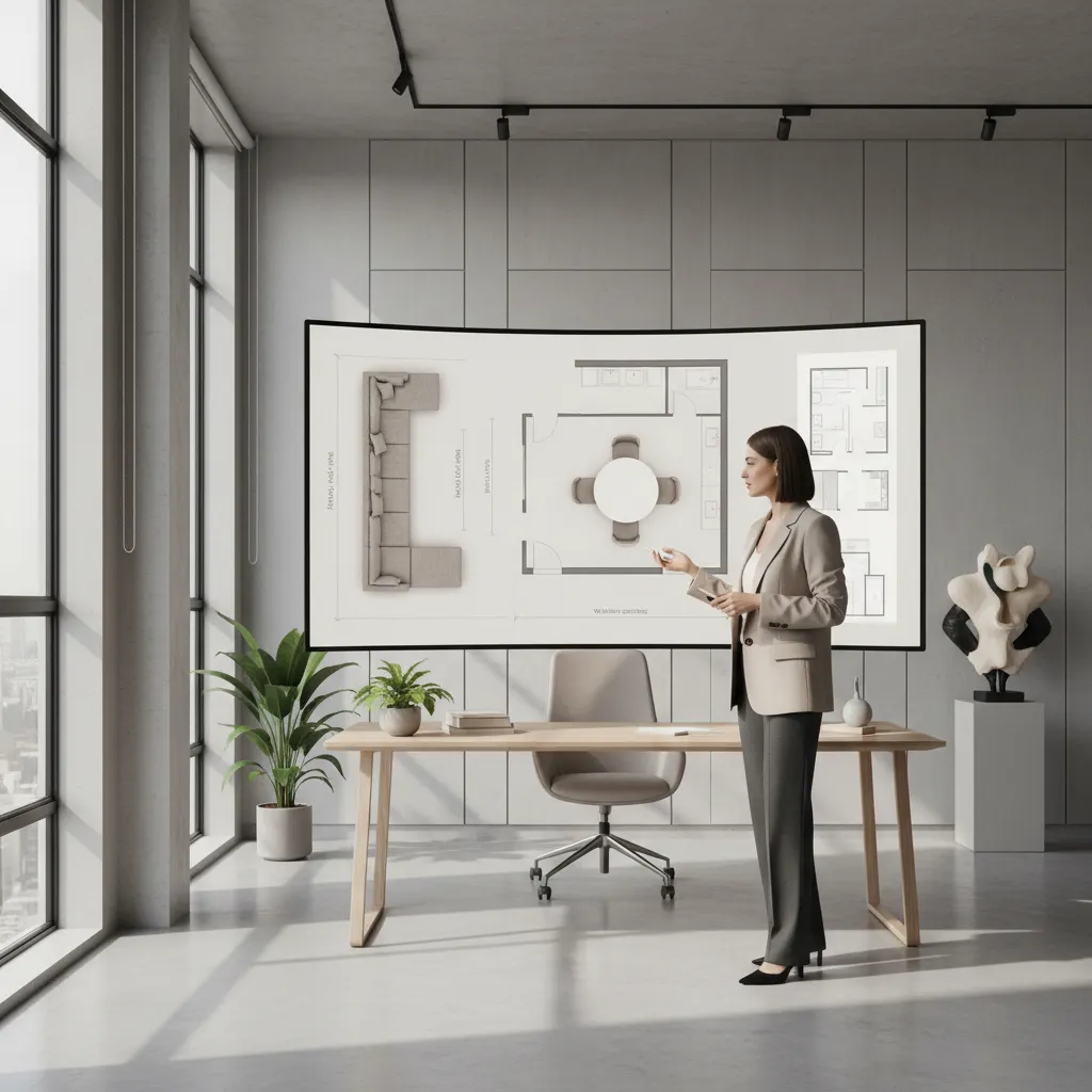 Interior designer reviewing digital room layout and circulation space planning