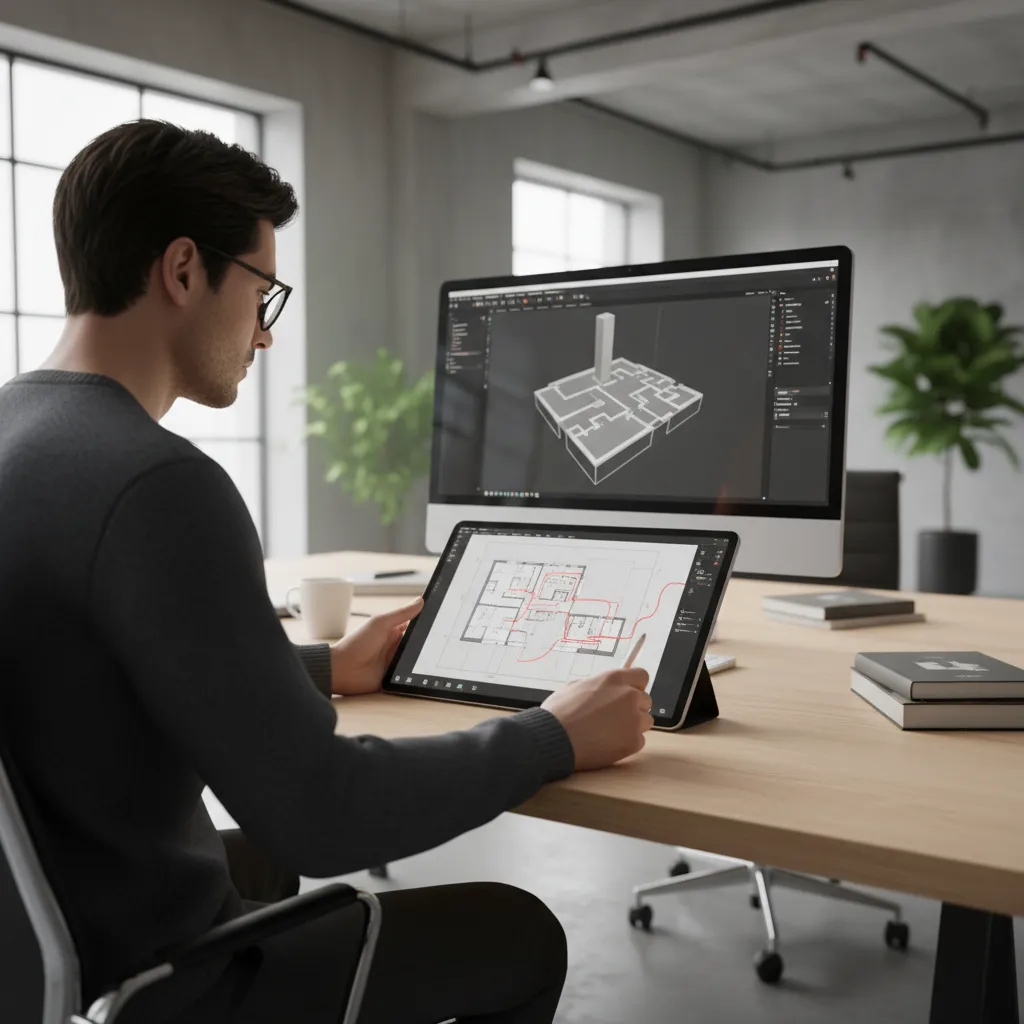 designer sketching circulation paths on a digital floor plan layout