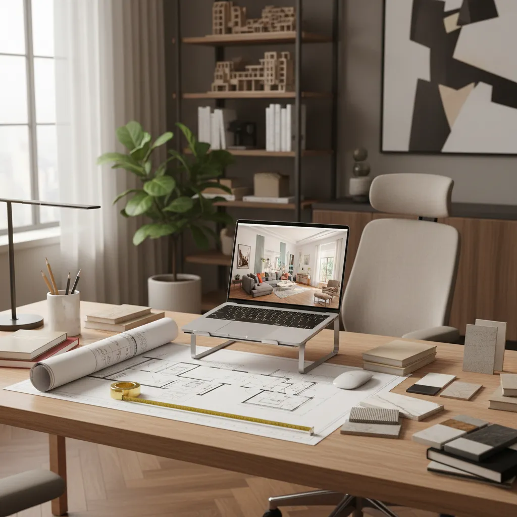interior designer planning furniture layout with floor plan and laptop