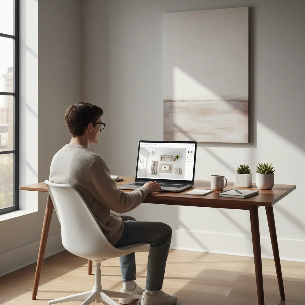 Beginner practicing room layout planning on a laptop with furniture arrangement diagram