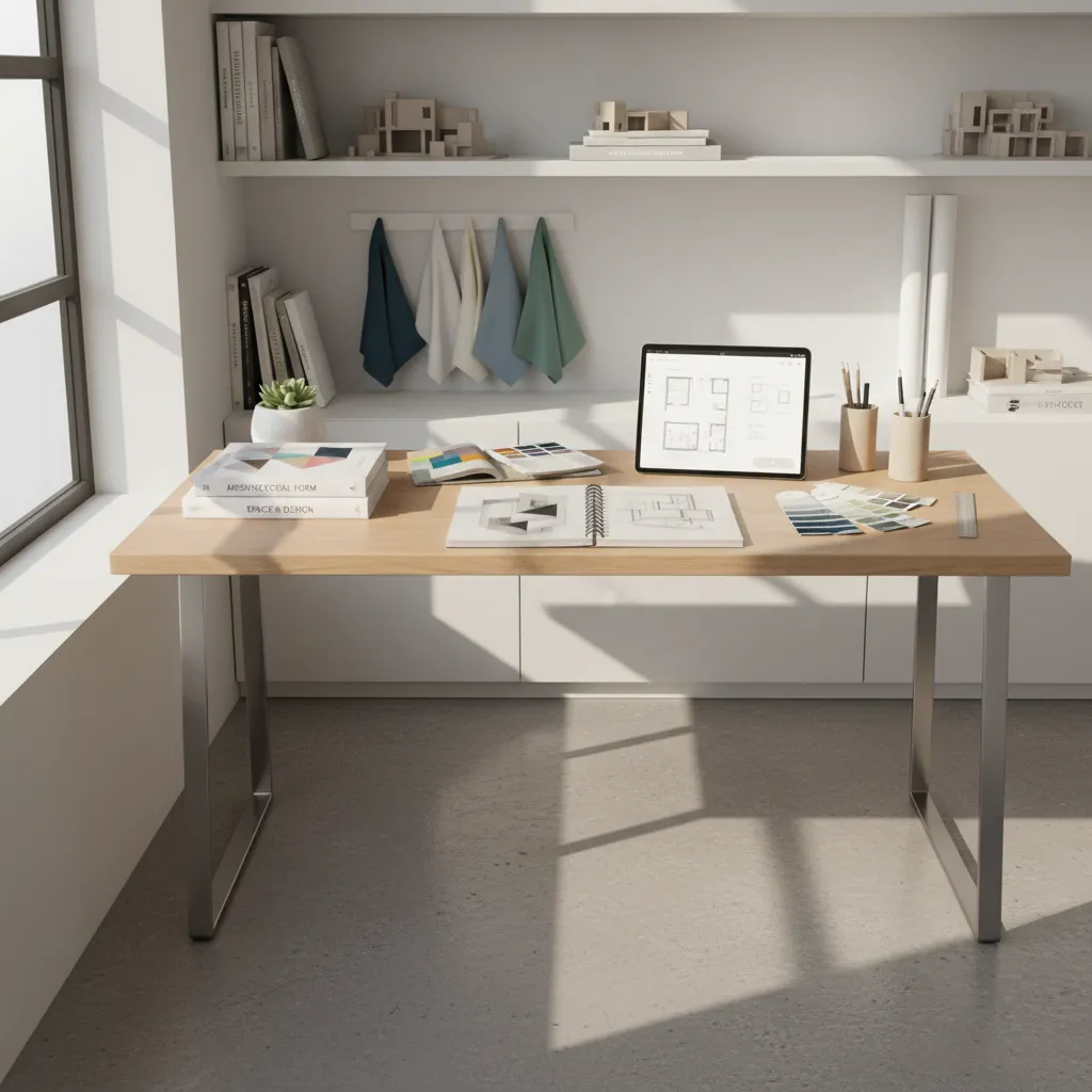 Interior design learning setup with books sketches and tablet showing design principles