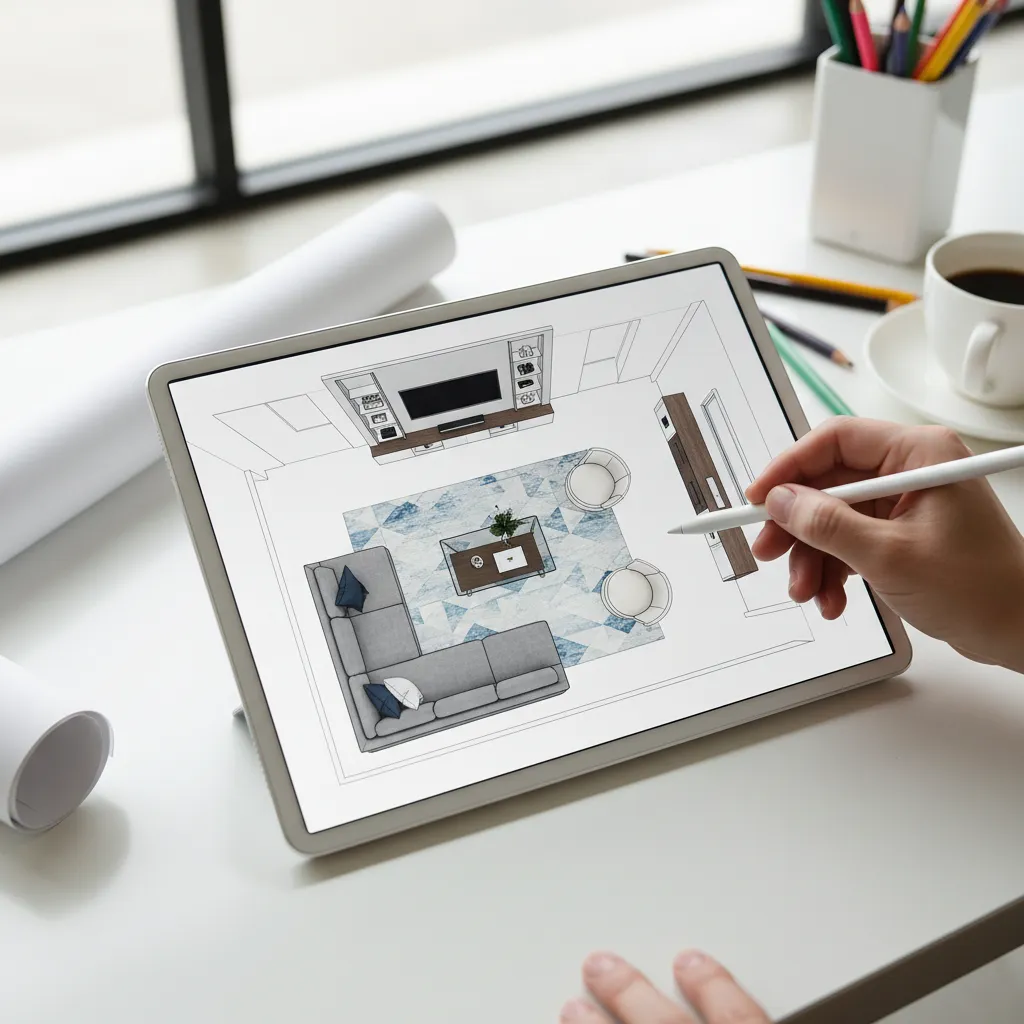 Plano de distribución de sala con muebles organizados sobre un plano digital