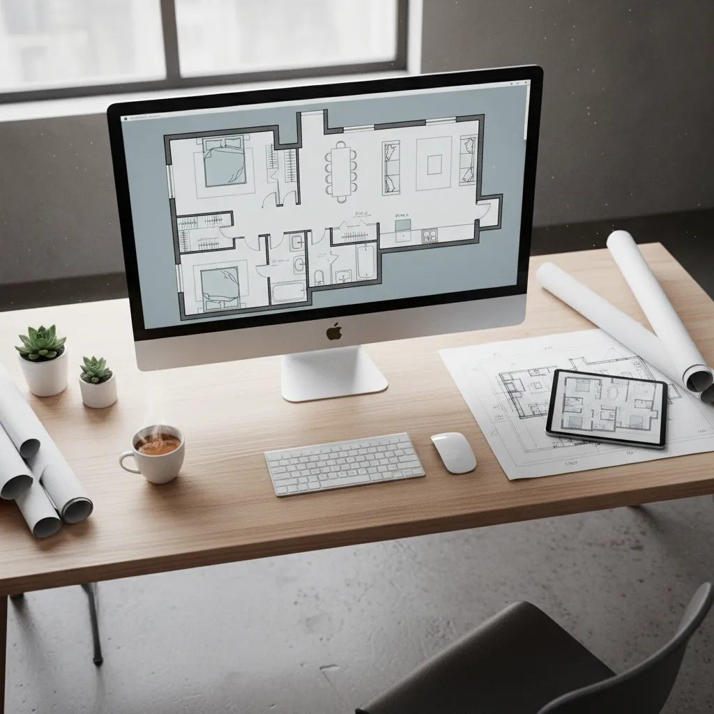 Computer screen showing room layout drawing on desk with coffee cup tablet and paper rolls