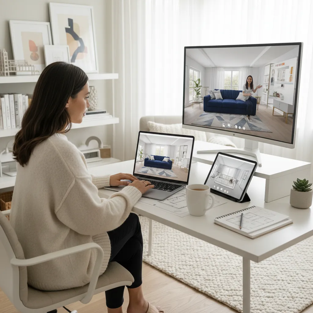 Persona aprendiendo diseño de interiores desde casa con ordenador