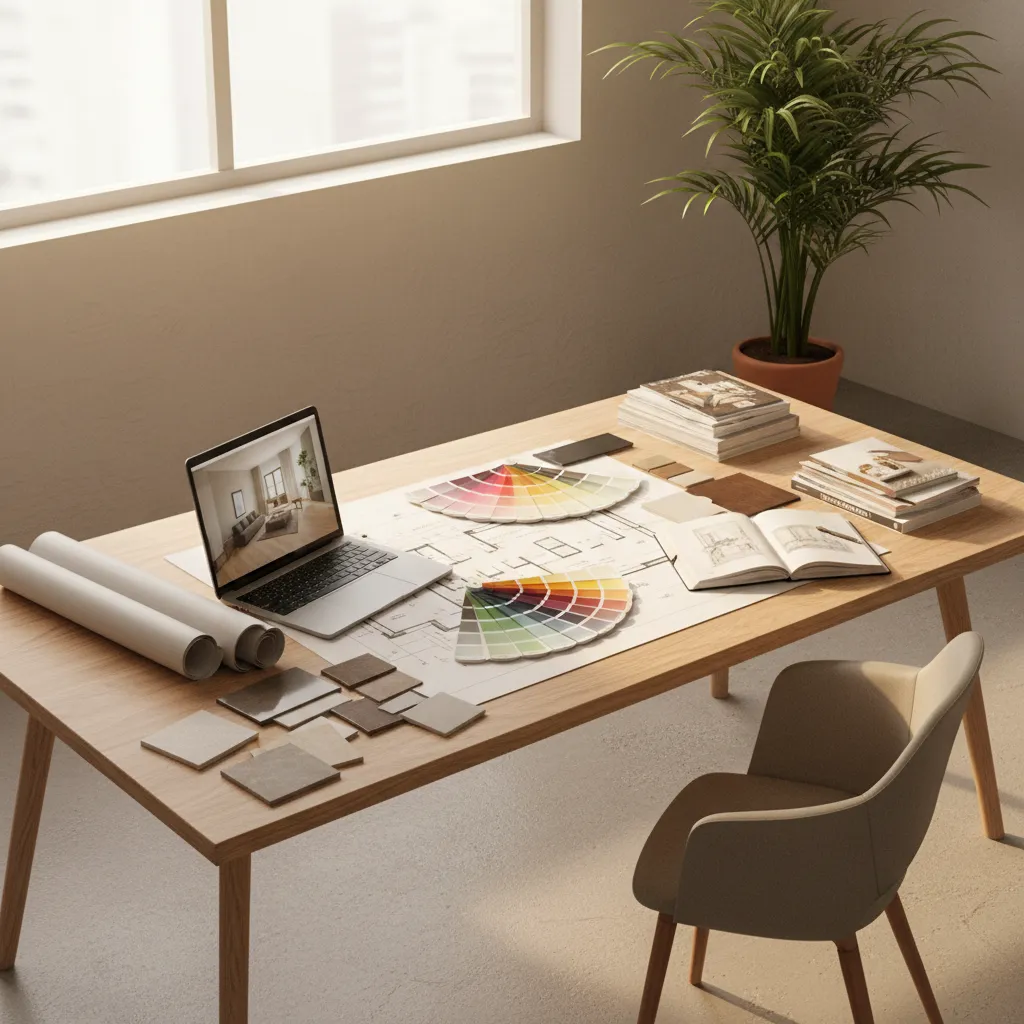 Estudiante analizando planos y muestras de materiales para aprender diseño de interiores
