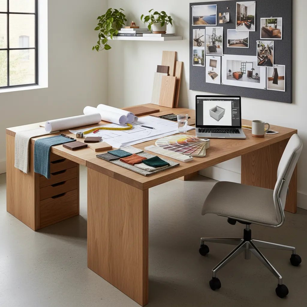 Proceso creativo de diseño interior con muestras de materiales y planos