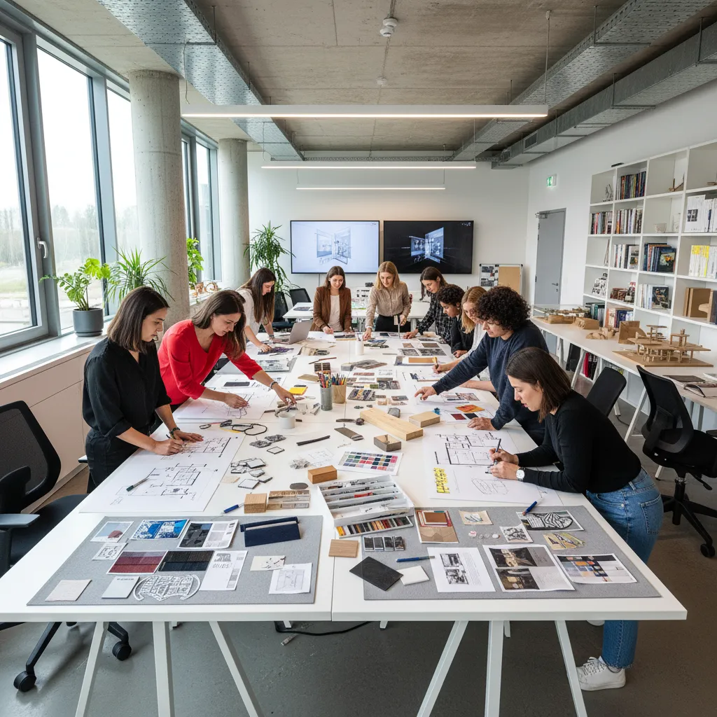 People studying room layout drawings and material samples with an interior design drawing on screen