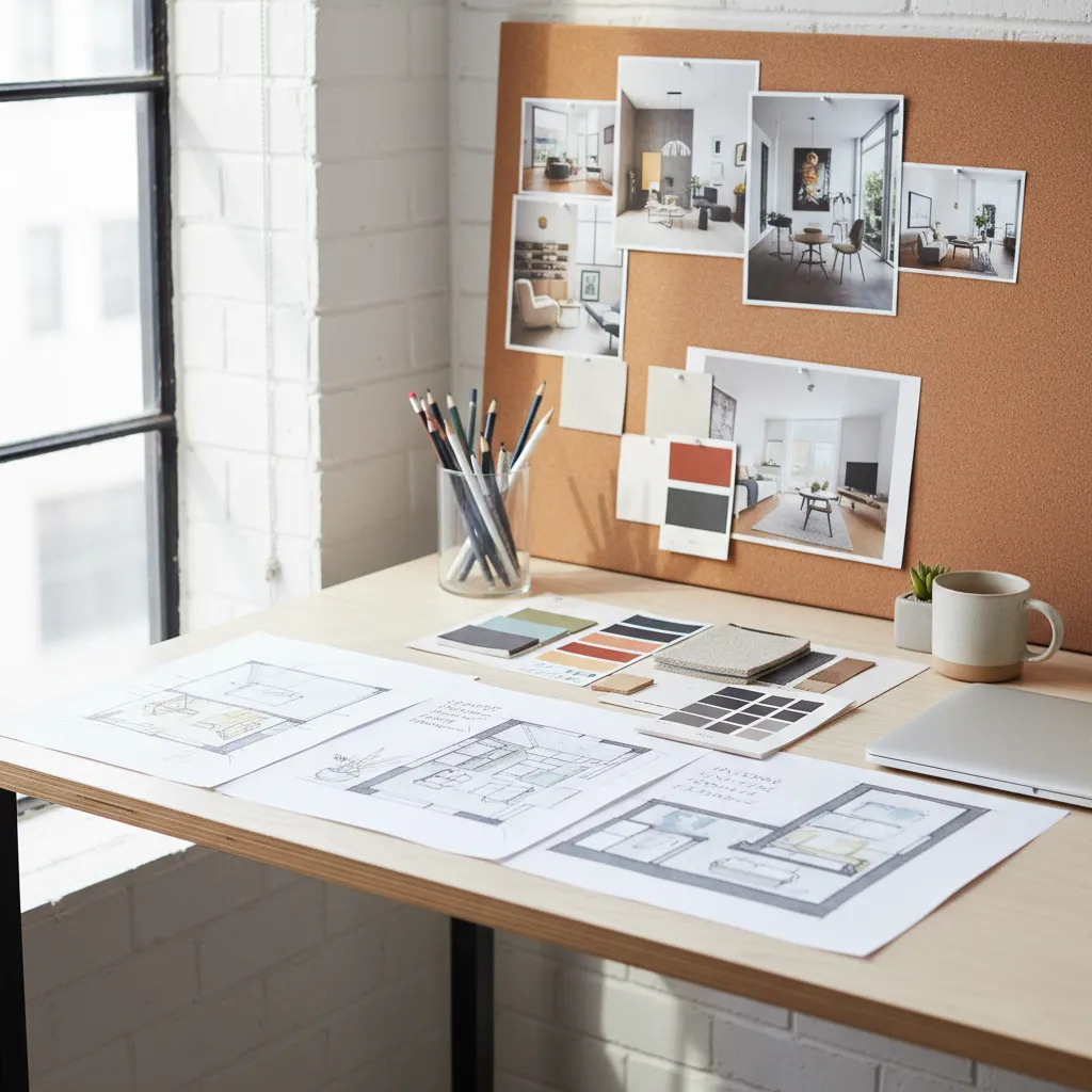 bocetos de diseño de interiores y muestras de color sobre una mesa de trabajo