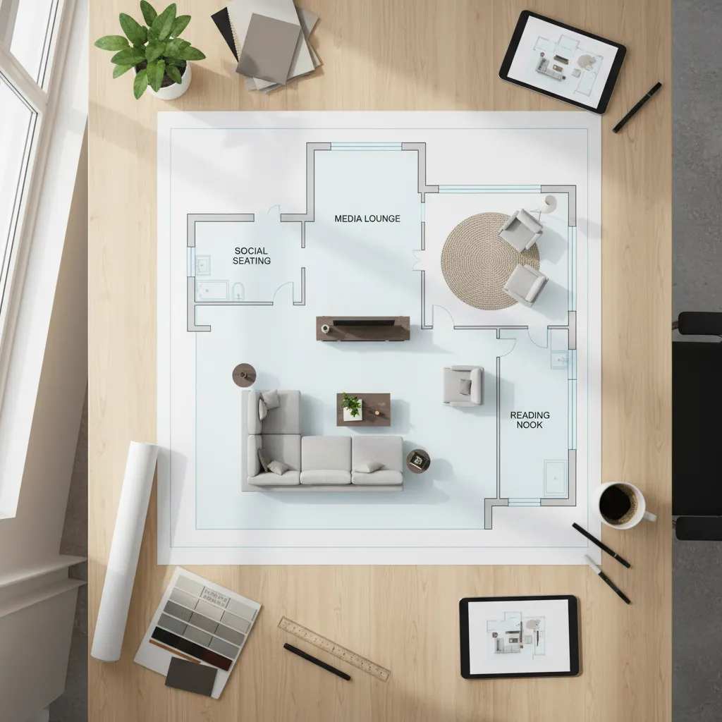 Top down view of a room layout plan with sofa and chairs on wooden office desk