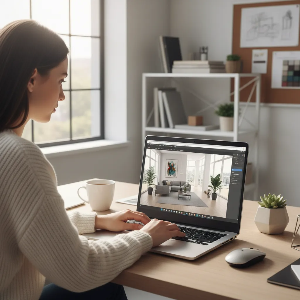 beginner learning interior design using laptop with room planning software