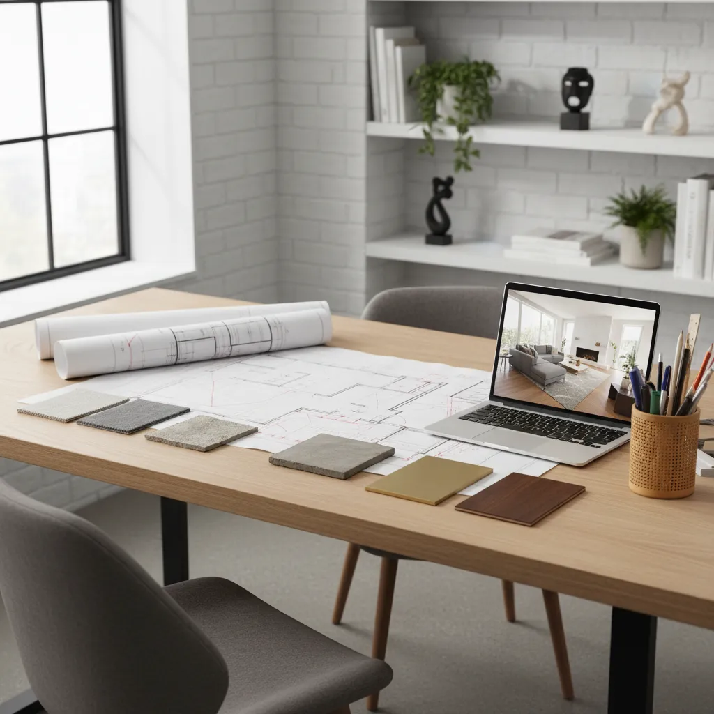 mesa con planos de interiorismo muestras de materiales y portátil