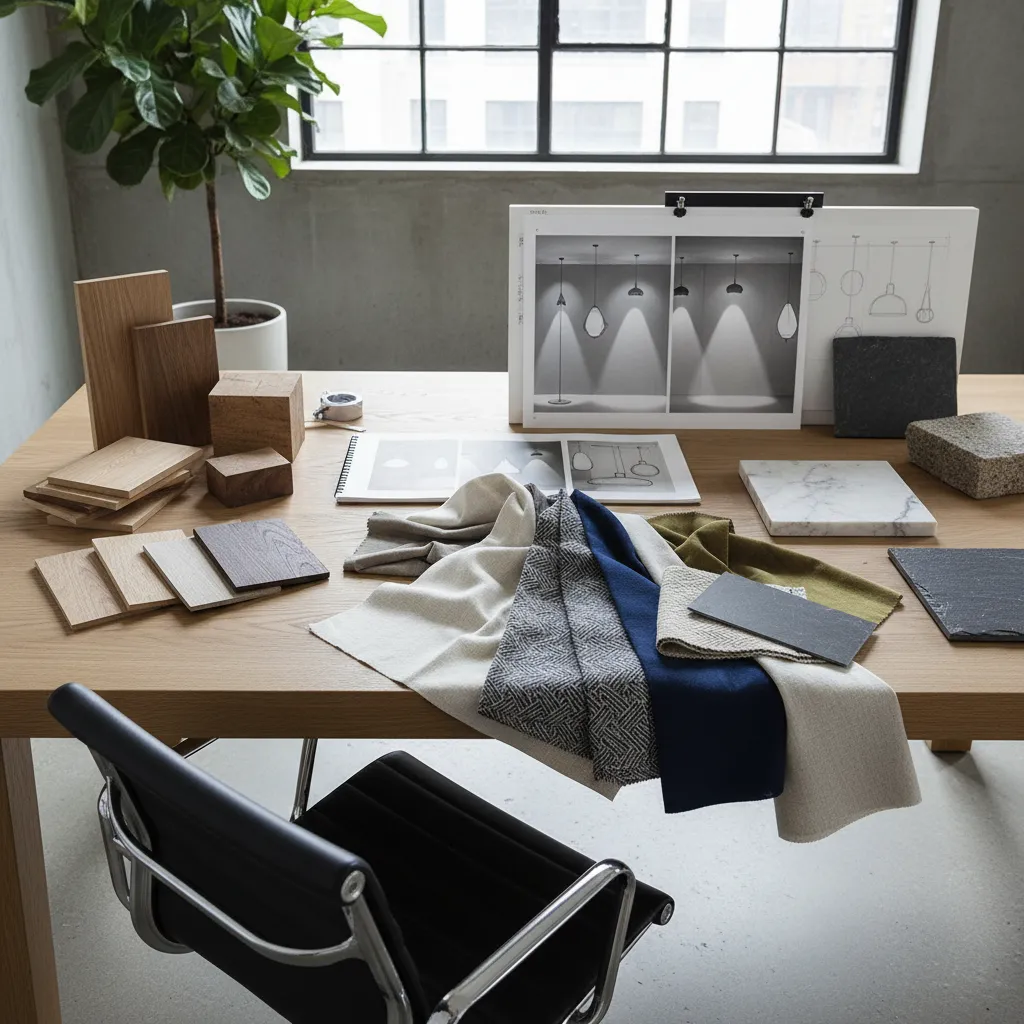 Interior design material samples including fabric swatches wood blocks marble and drawings on wooden table