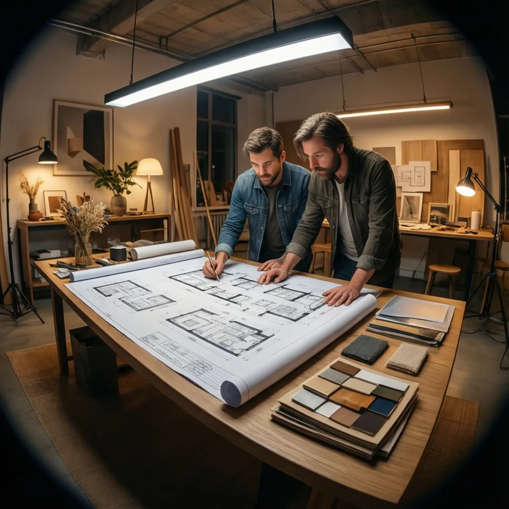 Diseñadora revisando iluminación interior en plano de vivienda