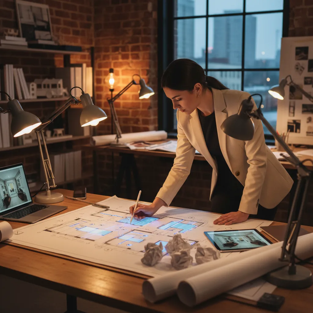 Interior designer drawing on a floor plan layout on a desk with several light fixtures