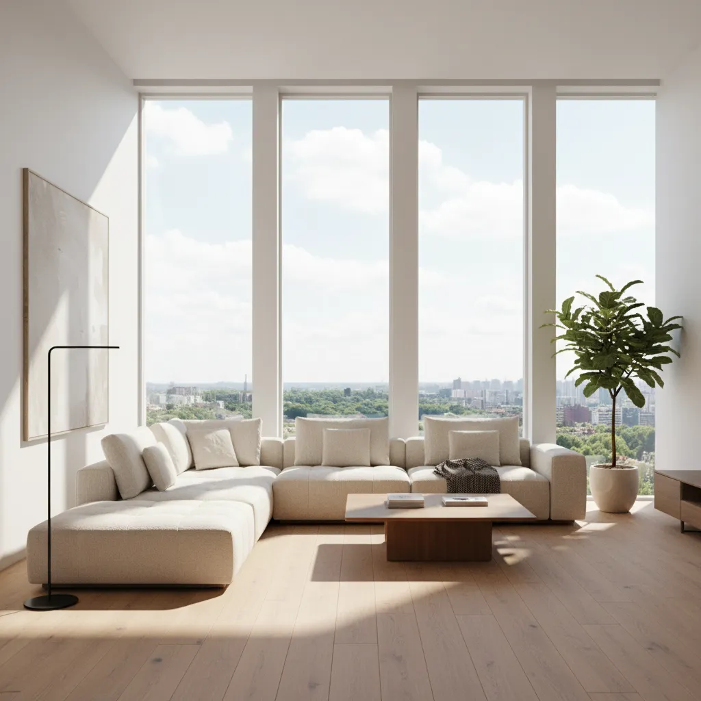 Modern living room with beige sofa, wooden coffee table, floor lamp, plant, and large windows