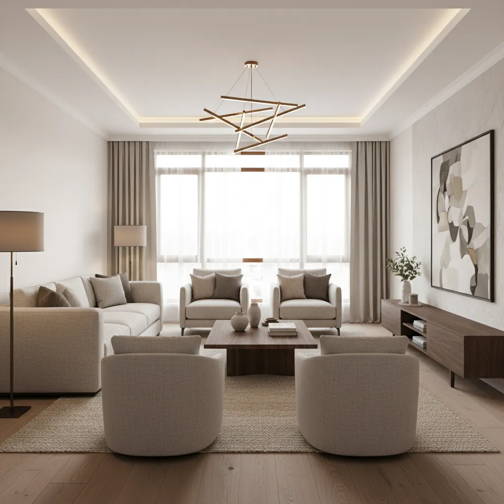 Modern living room interior design drawing with beige sofas and a stylish gold ceiling light