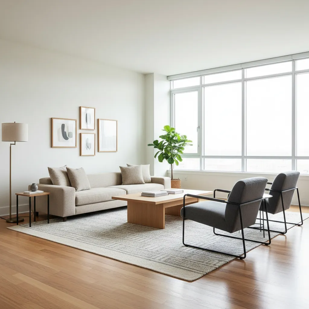Modern living room with beige sofa, wooden coffee table, grey chairs, rug, and large windows