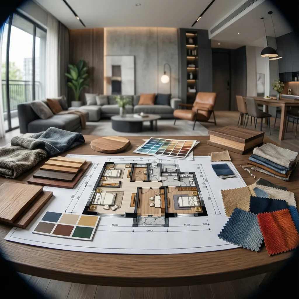 Plano y muestras de materiales para diseñar un salón