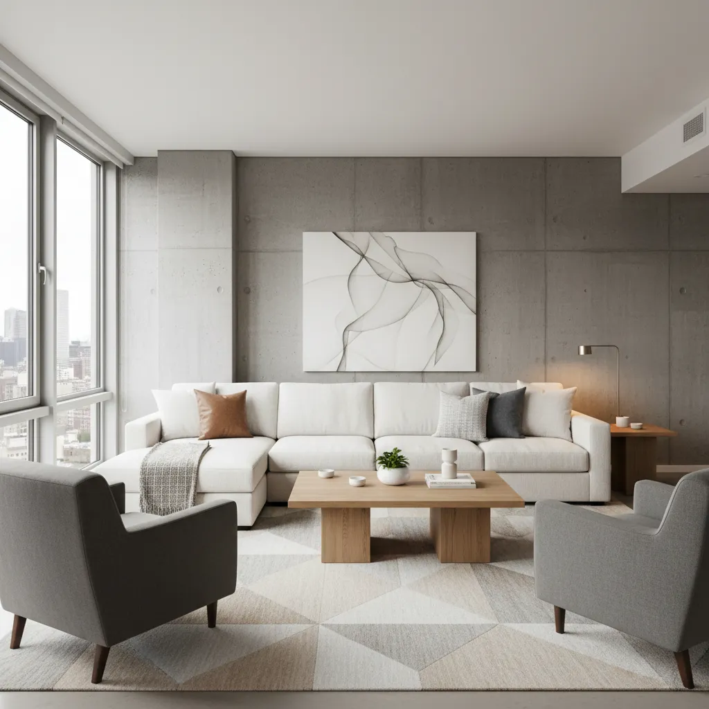 Sala de estar moderna bien distribuida en un departamento urbano