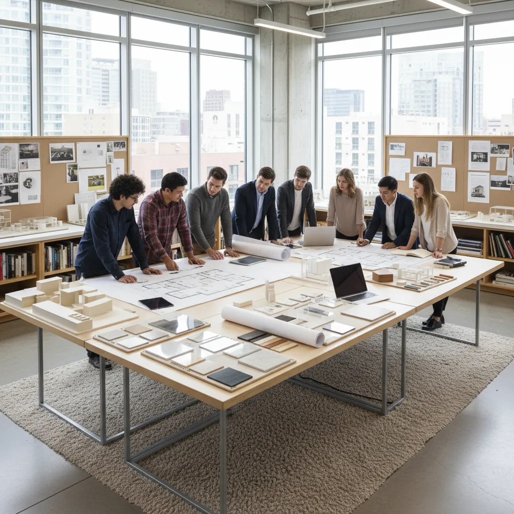 clase de máster en diseño de interiores revisando planos y materiales