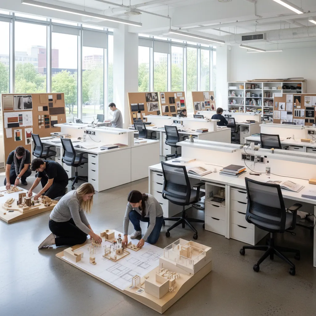 Aula de diseño de interiores con estudiantes trabajando en planos y maquetas