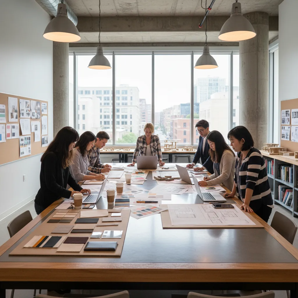 Estudiantes de diseño analizando planos de interiores en un estudio