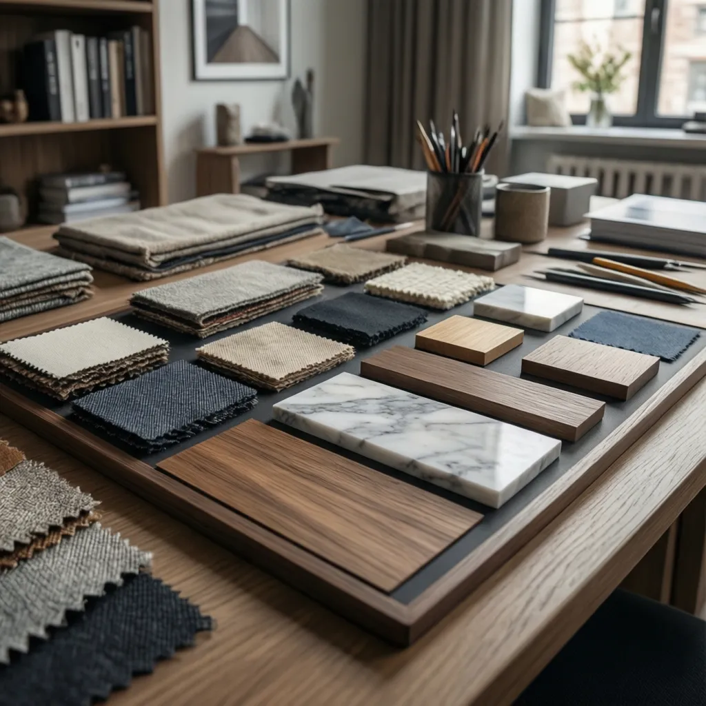 Mesa con muestras de materiales utilizados en un proyecto de interiorismo