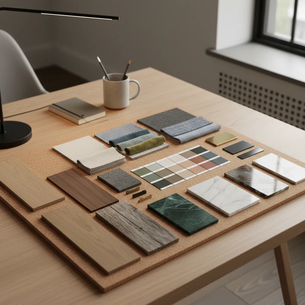 Tablero de inspiración con telas, madera, colores y muestras de materiales