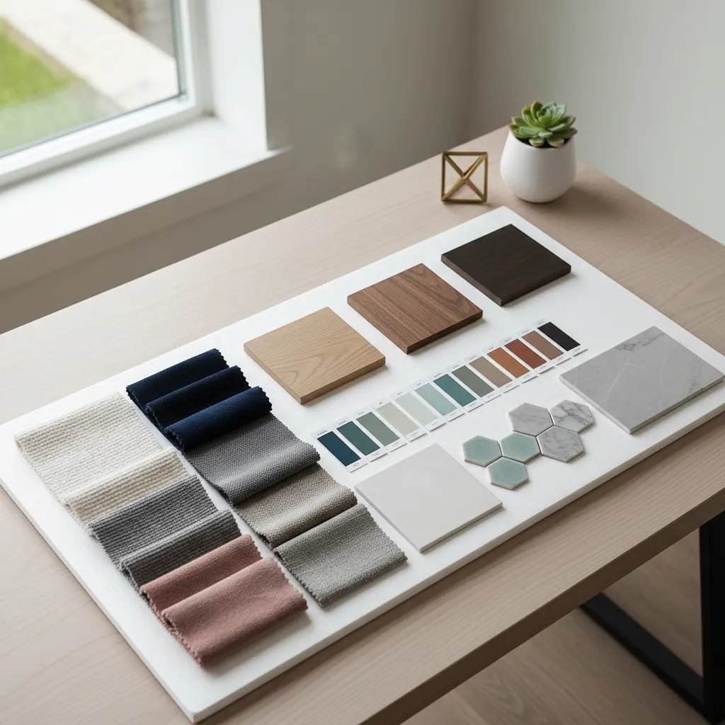 Material board featuring fabric samples wood pieces stone tiles and color palette on wooden desk