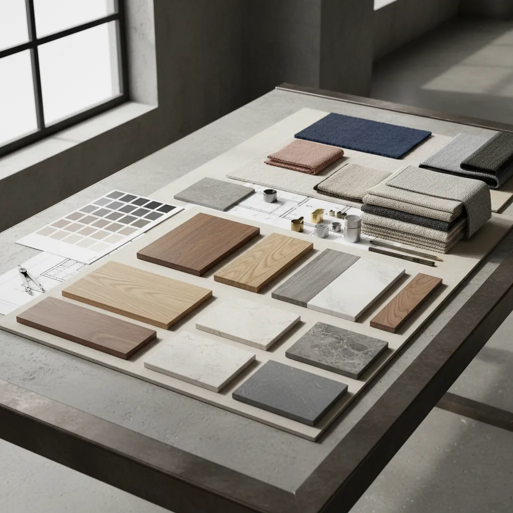 Interior design material board with wood samples fabric swatches stone tiles and simple room layout