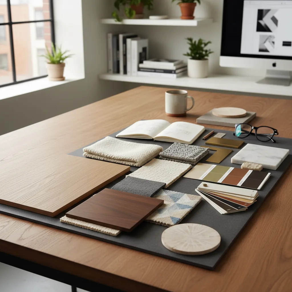 Tablero de materiales con telas, madera y paleta de colores para interiorismo