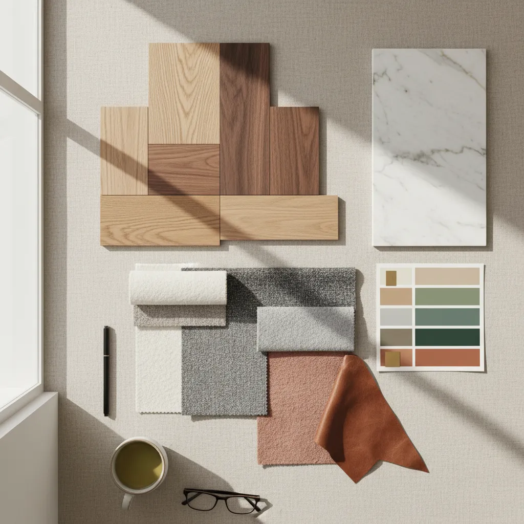 Lámina con materiales y paleta de colores para proyecto de interiorismo
