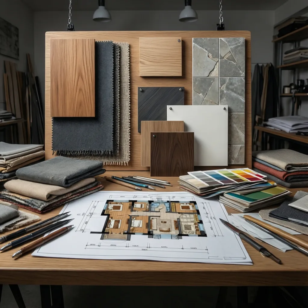 Mesa con muestras de materiales de interiorismo y planos
