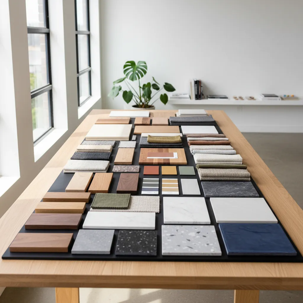 Tablero de materiales con muestras de madera, tela y piedra para interiorismo