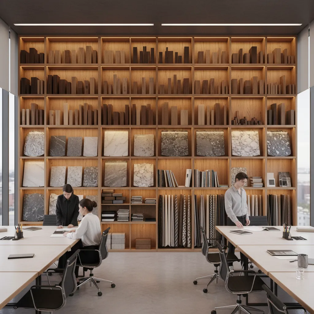 Laboratorio de materiales de diseño de interiores con muestras de madera, tela y piedra
