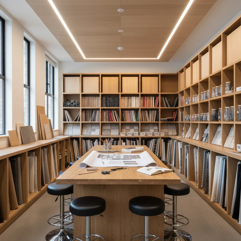 Biblioteca de materiales con muestras de madera, telas y piedra