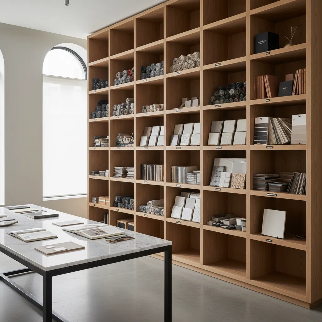 organized interior design material library with samples fabrics wood finishes and color palettes