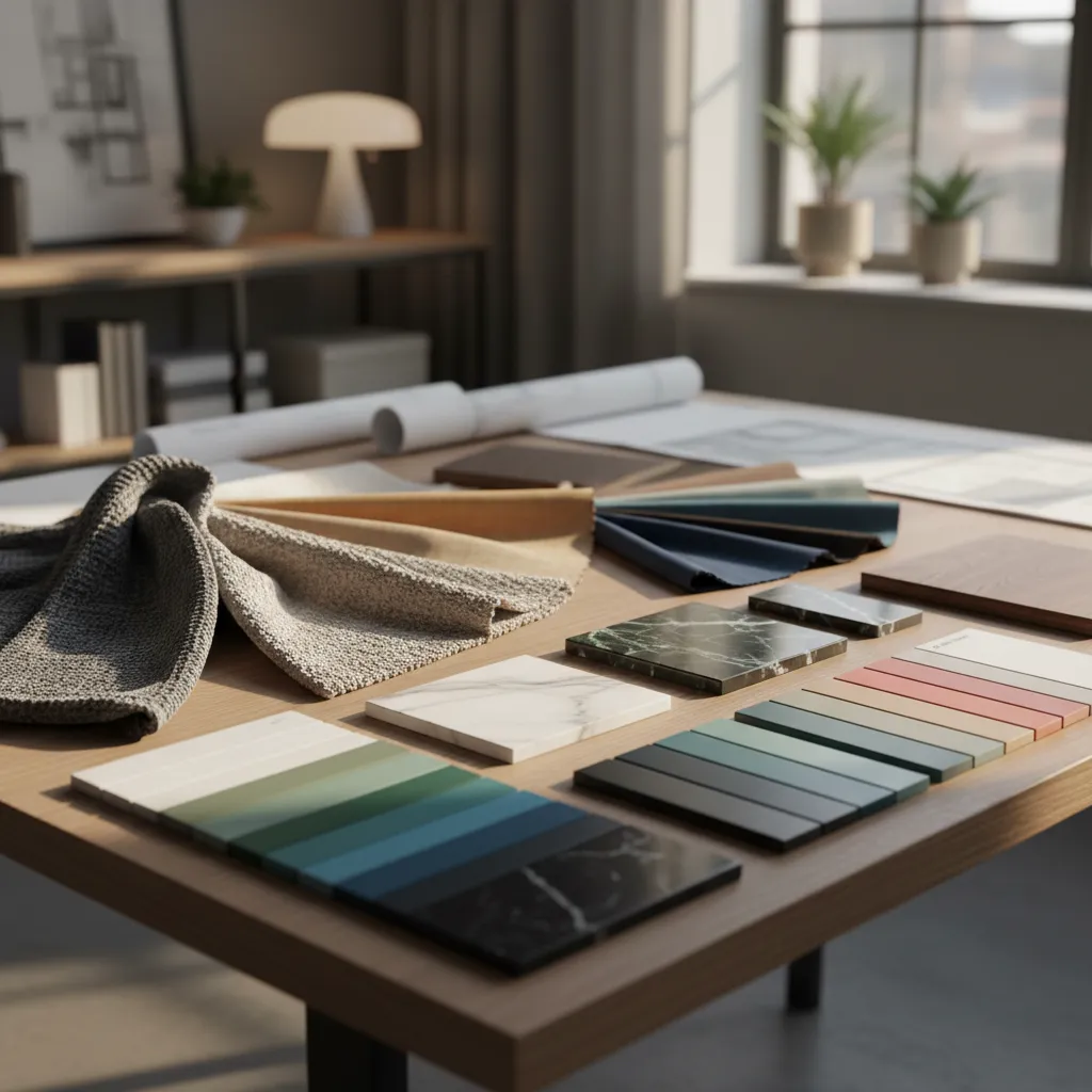Mesa con muestras de materiales y paleta de colores para diseño de interiores