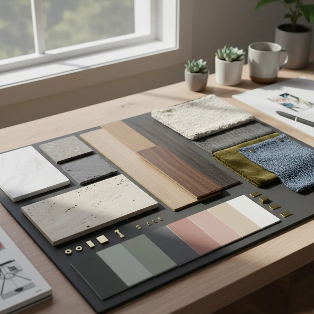 Mesa con muestras de materiales de interiorismo como madera, textiles y piedra